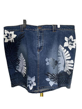 Venezia Women's Blue Denim Hawaiian Tropical Floral Jean Mini Skirt Sz 24